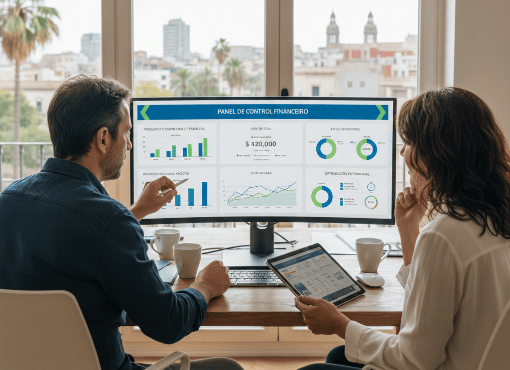 Panel de control financiero profesional mostrando gráficos de presupuesto empresarial y familiar, dashboard de análisis de flujo de caja y métricas de optimización patrimonial para directivos de transformación digital