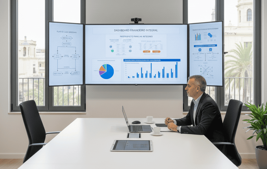 Espacio de trabajo moderno con múltiples pantallas mostrando dashboards financieros, modelos de presupuesto familiar integrado, diagramas de flujo de caja segregados entre personal y empresarial, y herramientas de planificación patrimonial estructurada