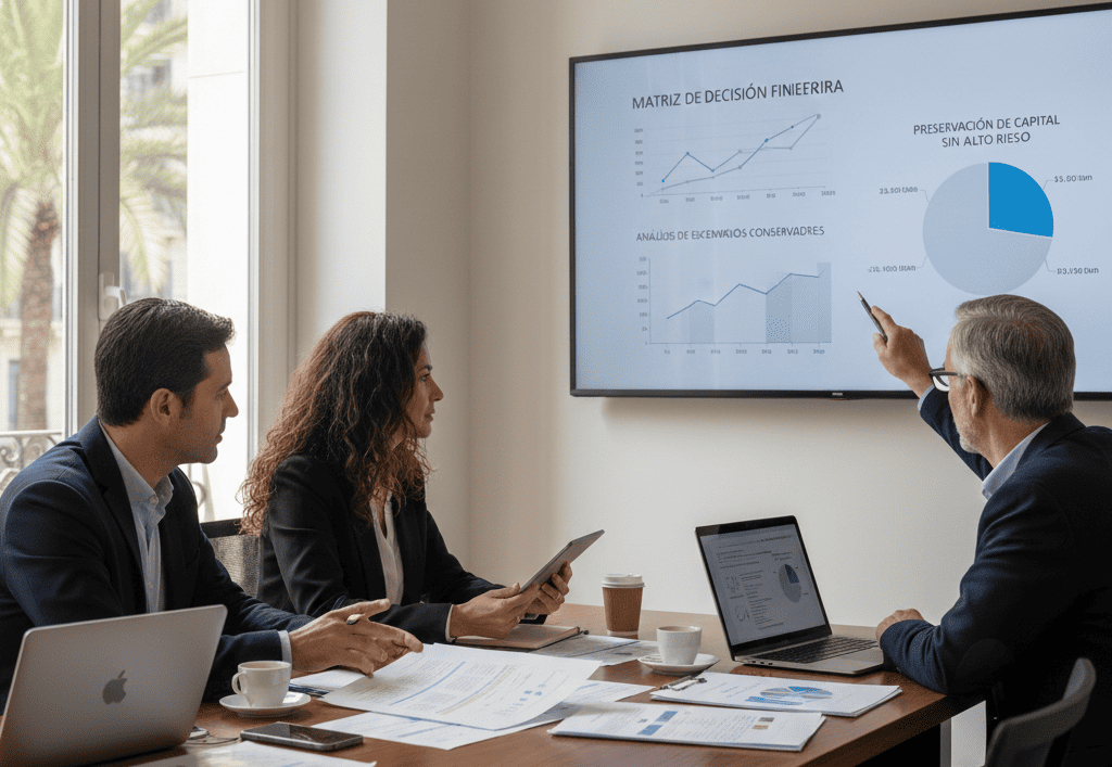 Reunión ejecutiva de estrategia financiera con profesionales analizando documentos de evaluación patrimonial, gráficos de análisis de escenarios conservadores, matrices de decisión financiera y modelos de preservación de capital sin instrumentos de alto riesgo