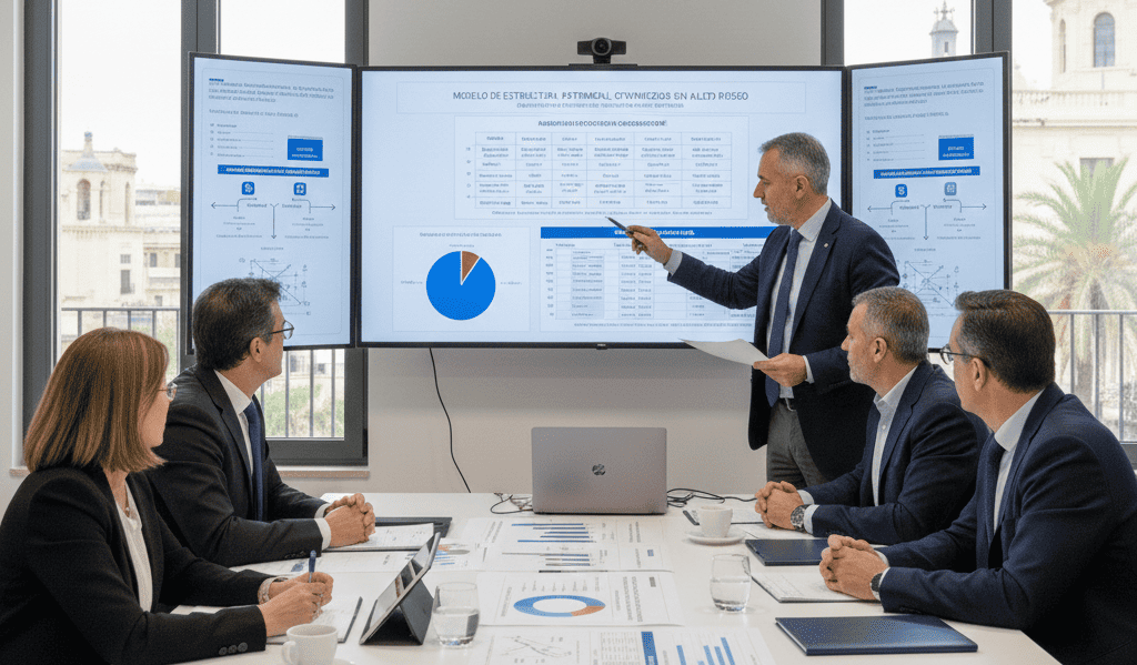 Sala de formación ejecutiva con pantallas mostrando modelos de presupuesto familiar empresarial, frameworks de planificación financiera integrada y herramientas de segregación de flujos de capital personal y corporativo