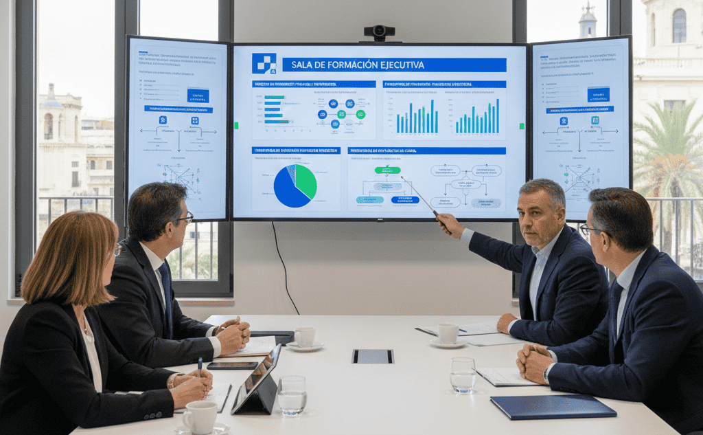 Workshop de estrategia financiera con directivos de transformación digital revisando matrices de decisión, análisis de escenarios de inversión conservadora y modelos de optimización de estructura patrimonial sin productos de alto riesgo